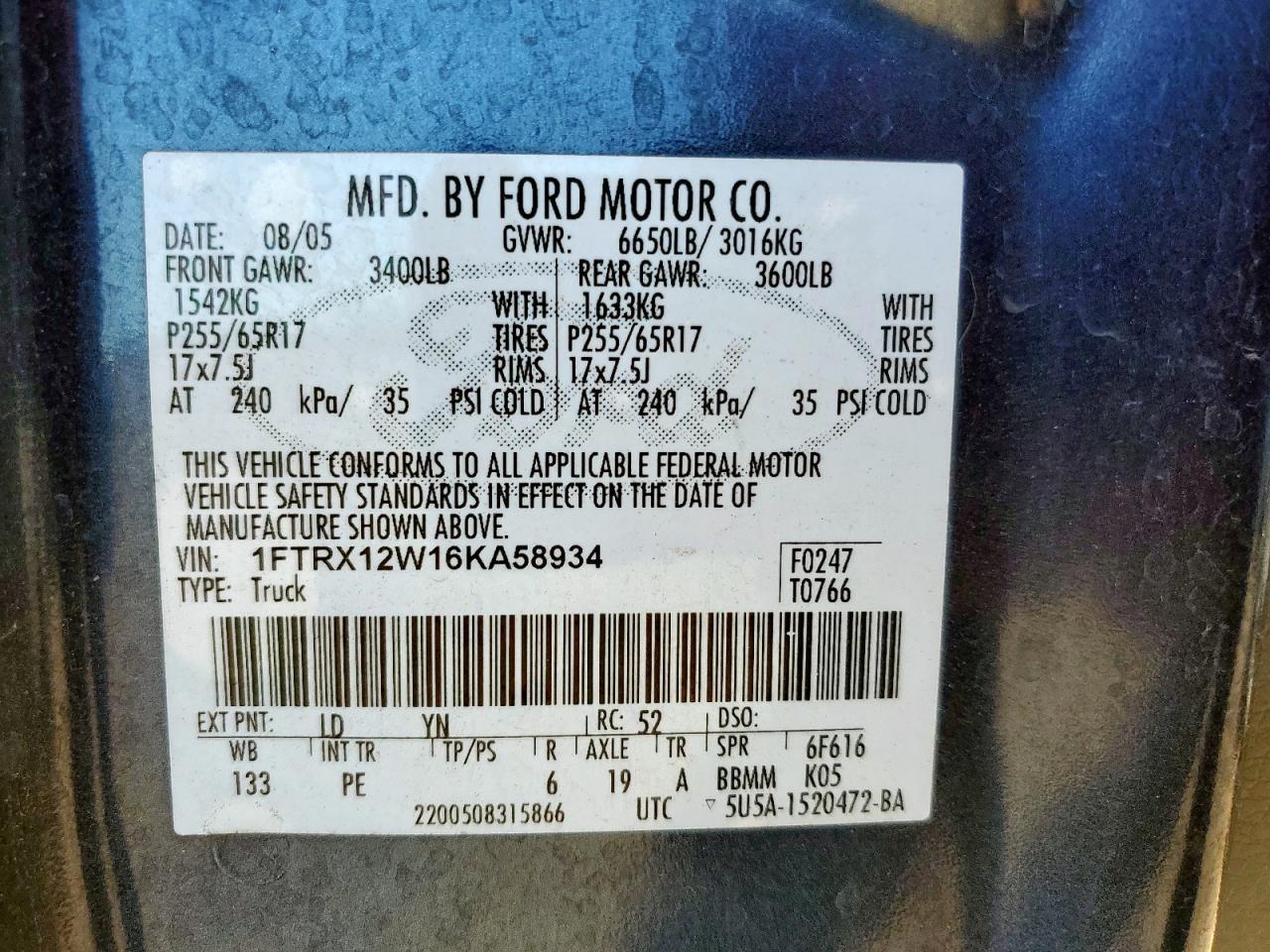 2006 Ford F150 VIN: 1FTRX12W16KA58934 Lot: 86291945