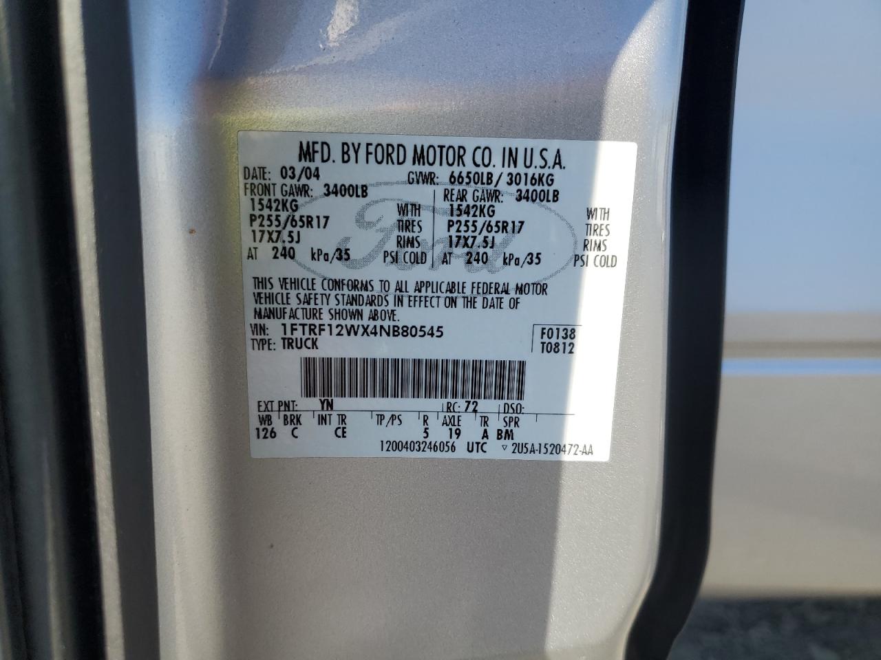2004 Ford F150 VIN: 1FTRF12WX4NB80545 Lot: 90474115
