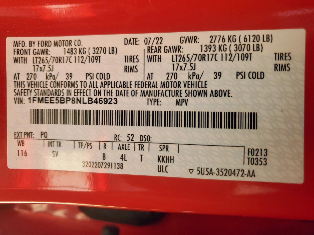 2022 Ford Bronco Base VIN: 1FMEE5BP8NLB46923 Lot: 84615635
