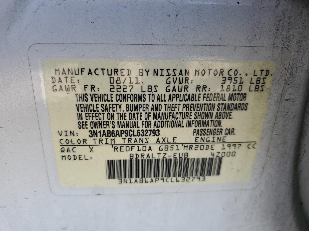 2012 Nissan Sentra 2.0 VIN: 3N1AB6AP9CL632793 Lot: 89796905