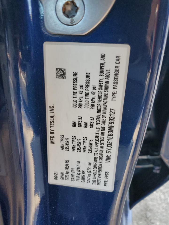 2021 Tesla Model 3 VIN: 5YJ3E1EB3MF993127 Lot: 82130405