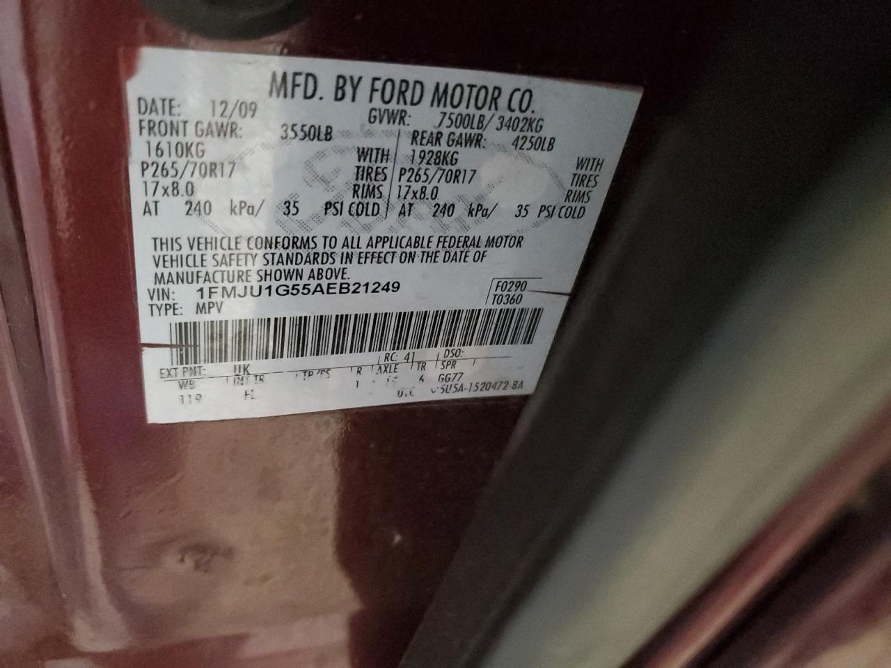 2010 Ford Expedition Xlt VIN: 1FMJU1G55AEB21249 Lot: 89870645