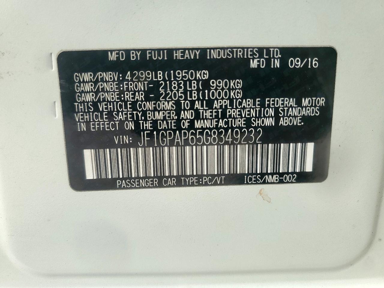 2016 Subaru Impreza Sport Premium VIN: JF1GPAP65G8349232 Lot: 85292665