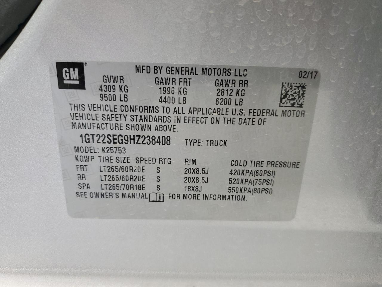 2017 GMC Sierra K2500 Sle VIN: 1GT22SEG9HZ238408 Lot: 85200495