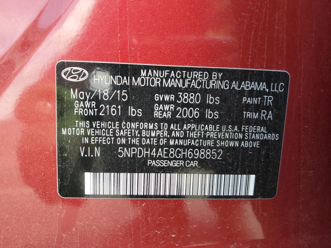 2016 Hyundai Elantra Se VIN: 5NPDH4AE8GH698852 Lot: 82233205