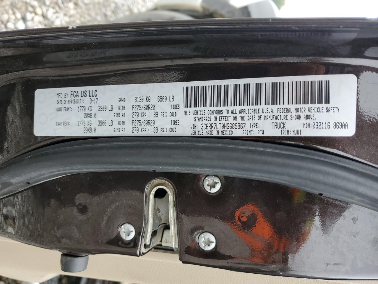 2017 Ram 1500 Slt VIN: 3C6RR7LT0HG689967 Lot: 89687785