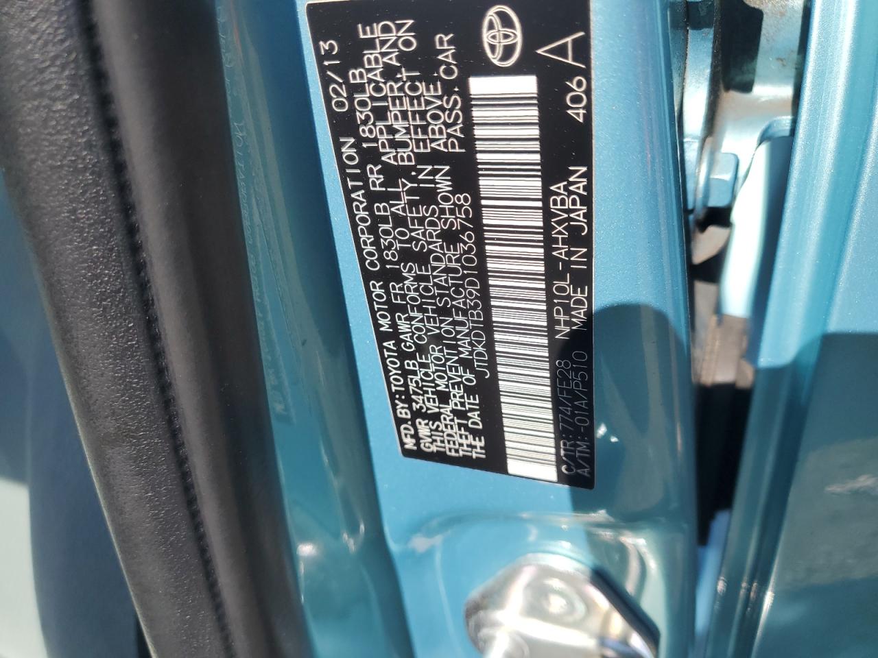 2013 Toyota Prius C VIN: JTDKDTB39D1036758 Lot: 84961135