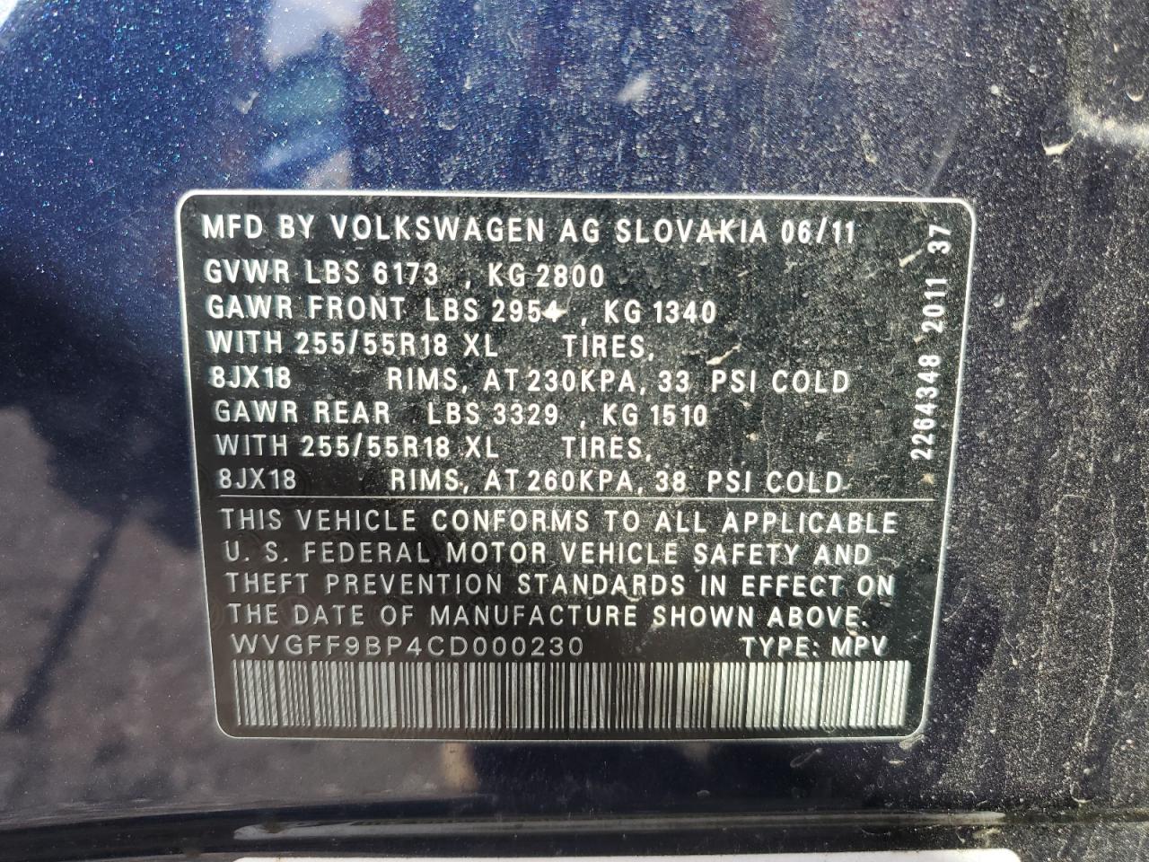 2012 Volkswagen Touareg V6 VIN: WVGFF9BP4CD000230 Lot: 85337545