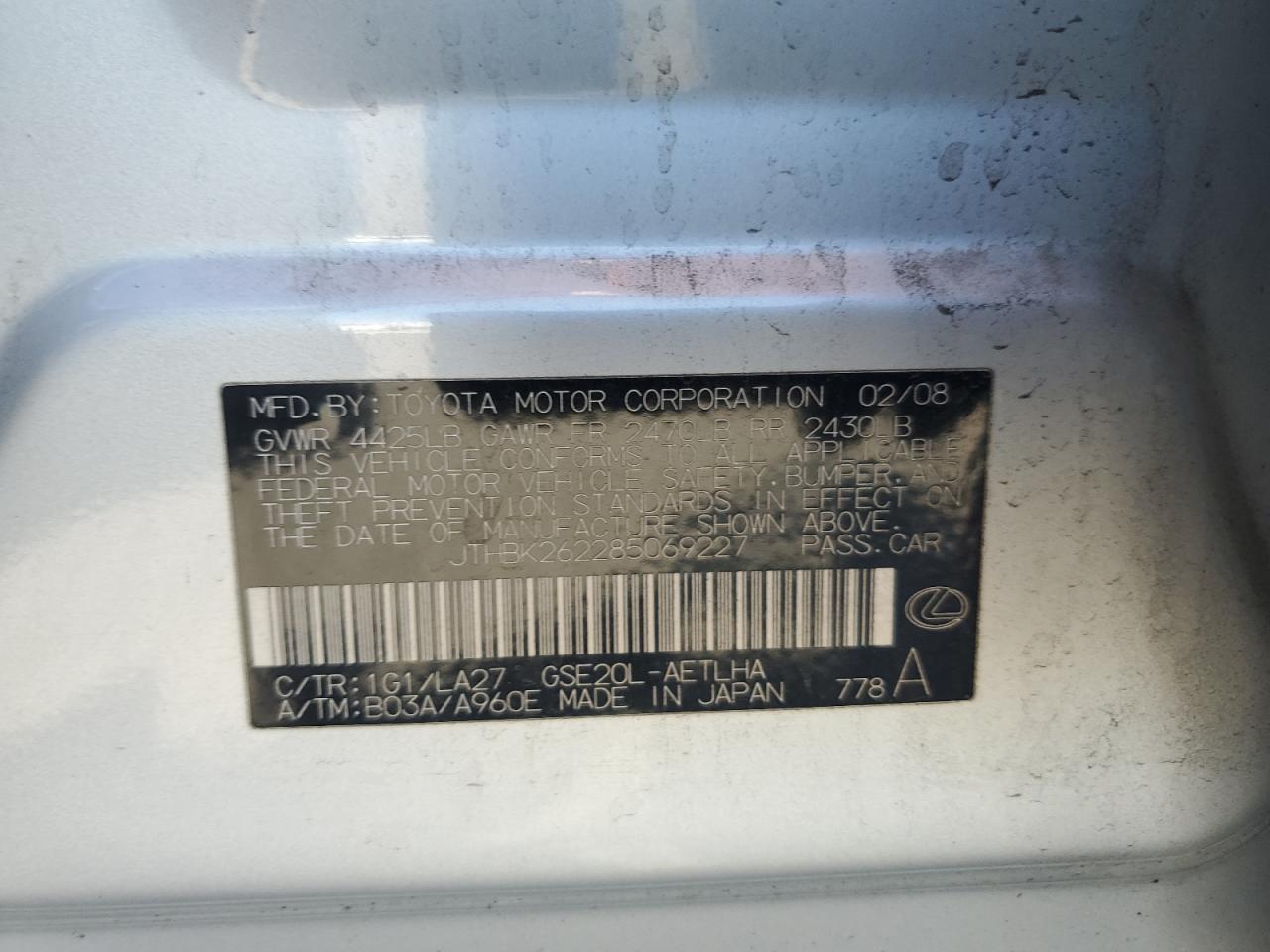 2008 Lexus Is 250 VIN: JTHBK262285069227 Lot: 85401155