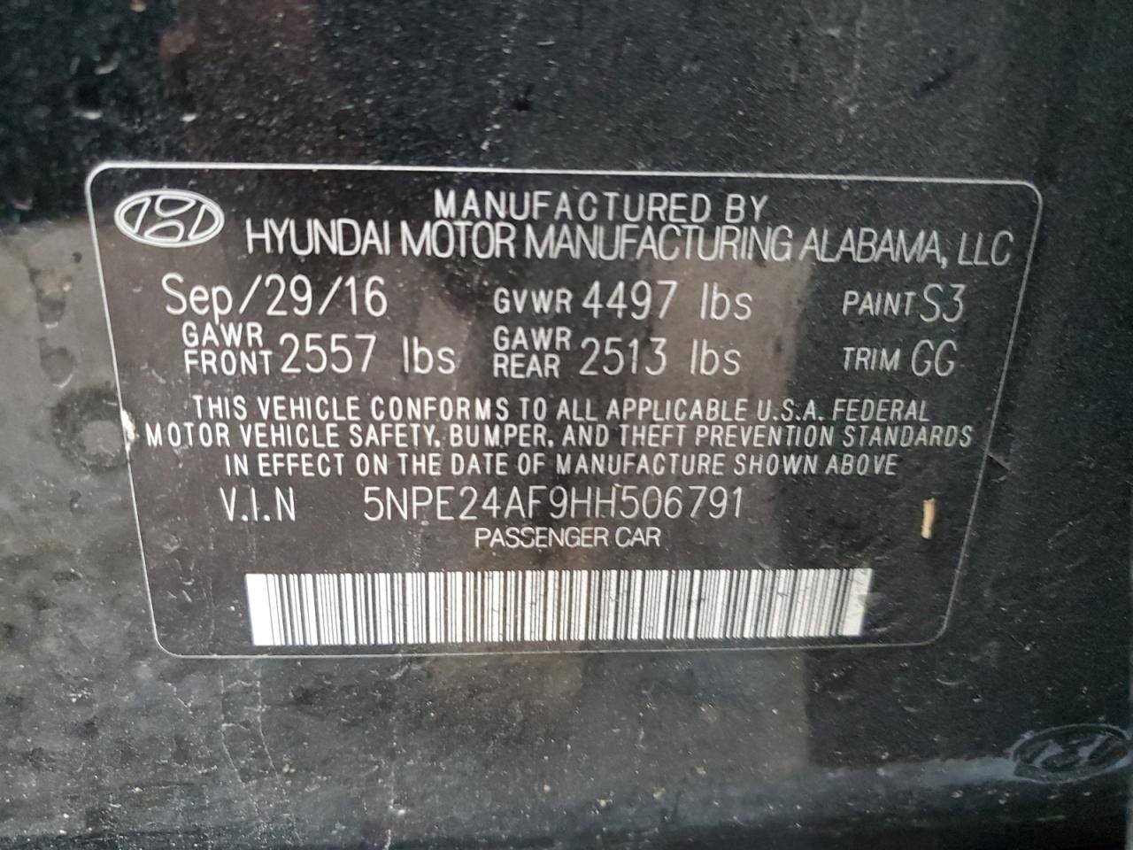 2017 Hyundai Sonata Se VIN: 5NPE24AF9HH506791 Lot: 85138015