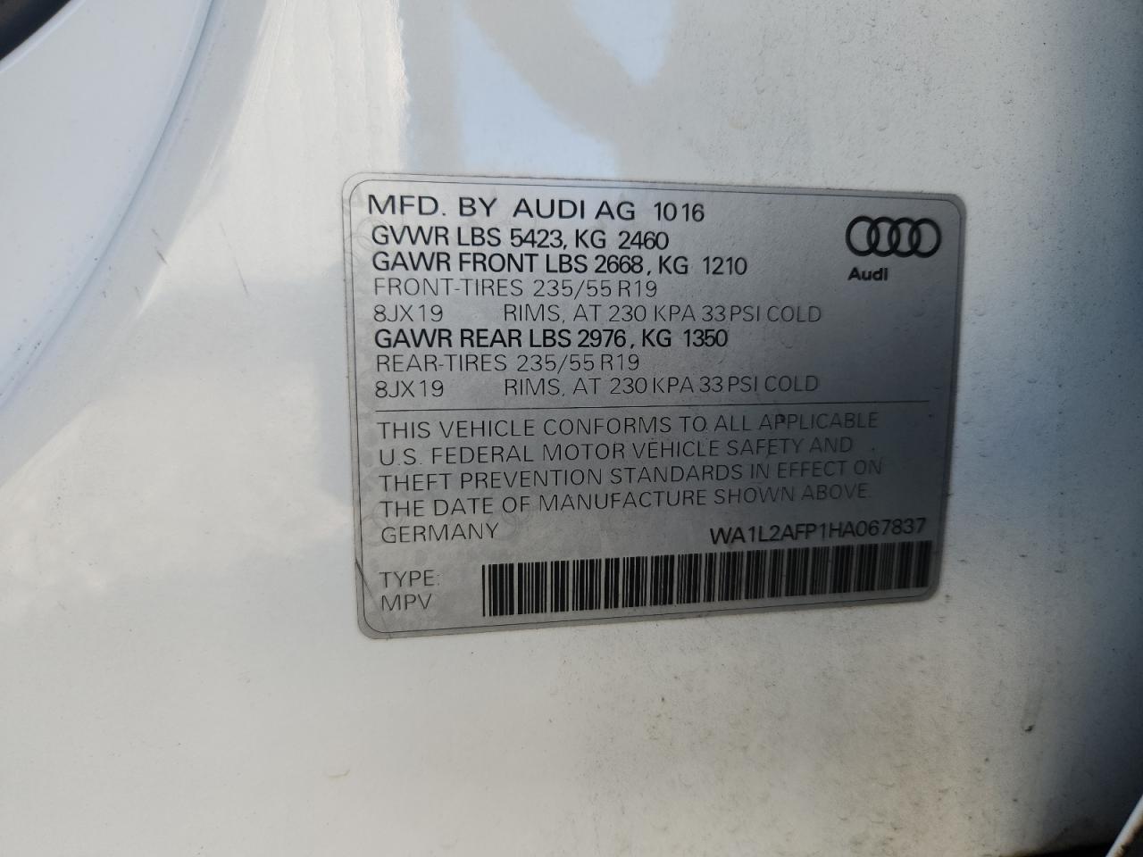 2017 Audi Q5 Premium Plus VIN: WA1L2AFP1HA067837 Lot: 89573805