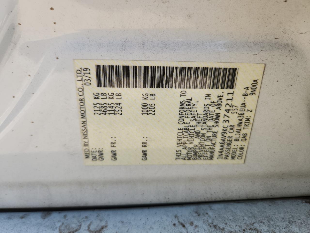 2019 Nissan Maxima S VIN: 1N4AA6AV9KC374211 Lot: 82640895