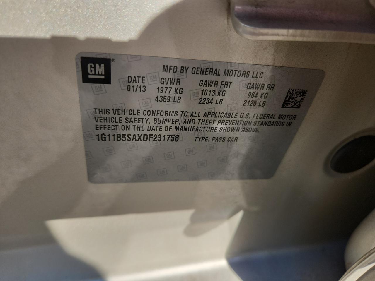 2013 Chevrolet Malibu Ls VIN: 1G11B5SAXDF231758 Lot: 86621375