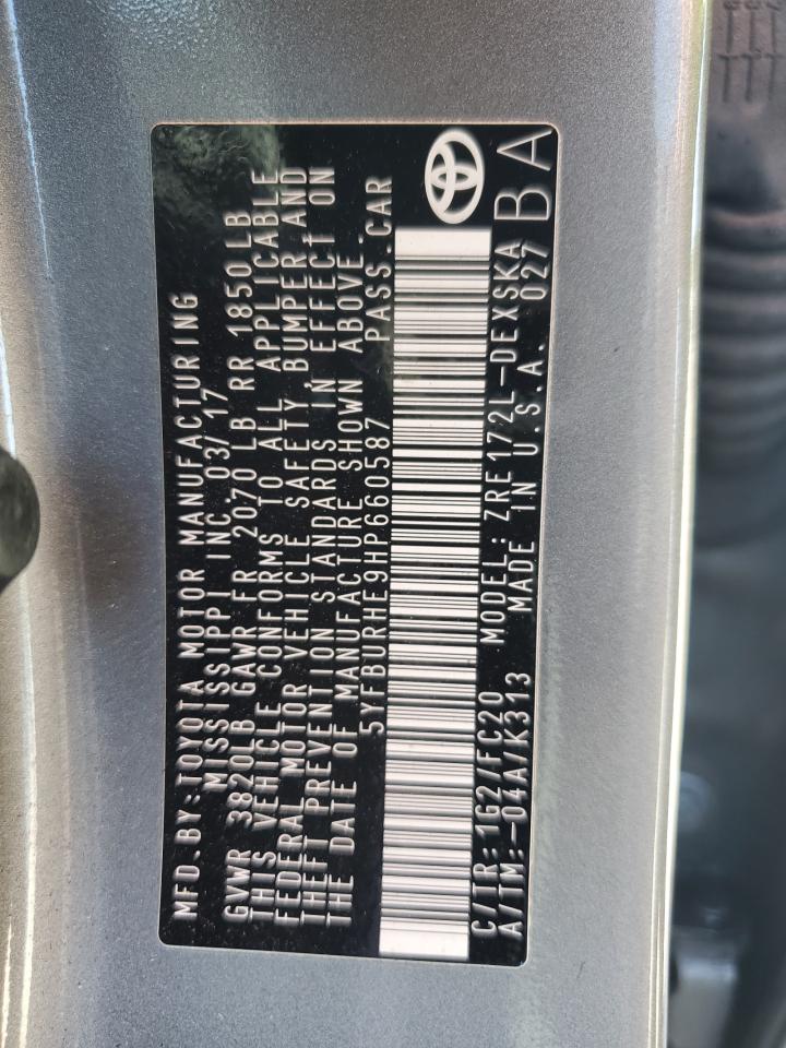 2017 Toyota Corolla L VIN: 5YFBURHE9HP660587 Lot: 87078485