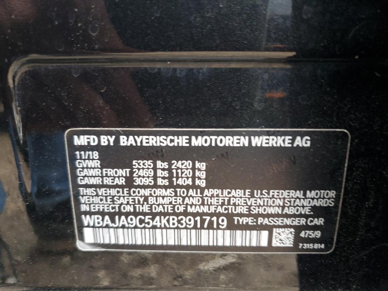 2019 BMW 530E VIN: WBAJA9C54KB391719 Lot: 89720955