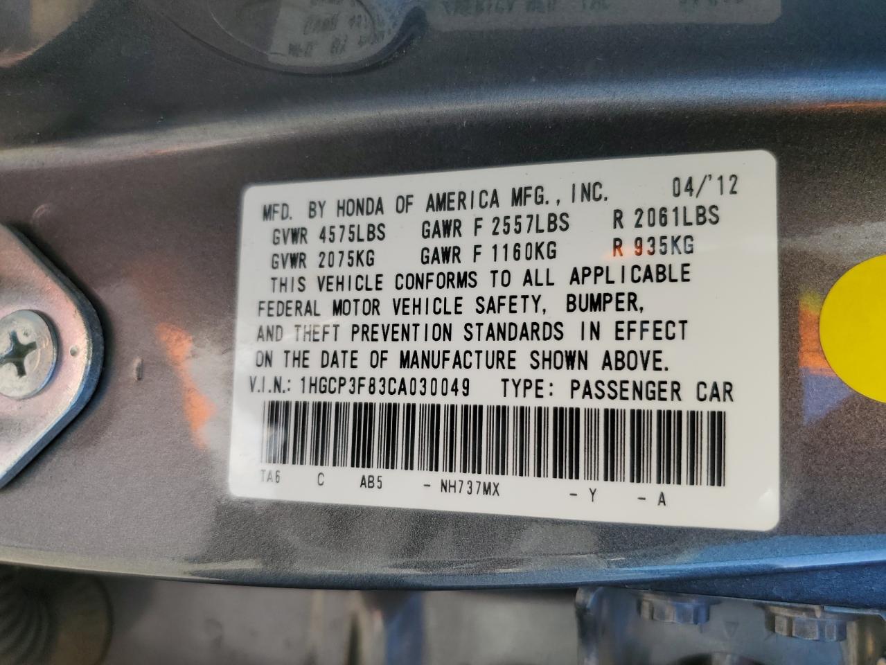 2012 Honda Accord Exl VIN: 1HGCP3F83CA030049 Lot: 91147195