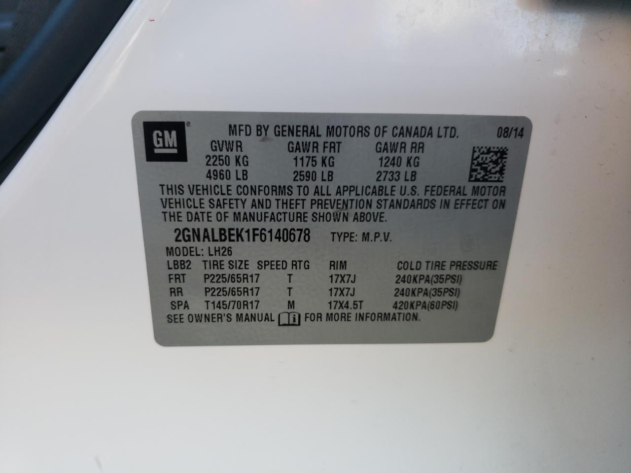 2015 Chevrolet Equinox Lt VIN: 2GNALBEK1F6140678 Lot: 82780255