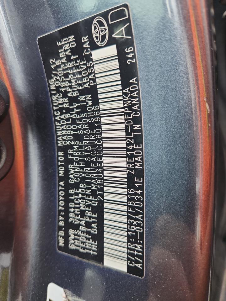 2012 Toyota Corolla Base VIN: 2T1BU4EE0CC801966 Lot: 84999995