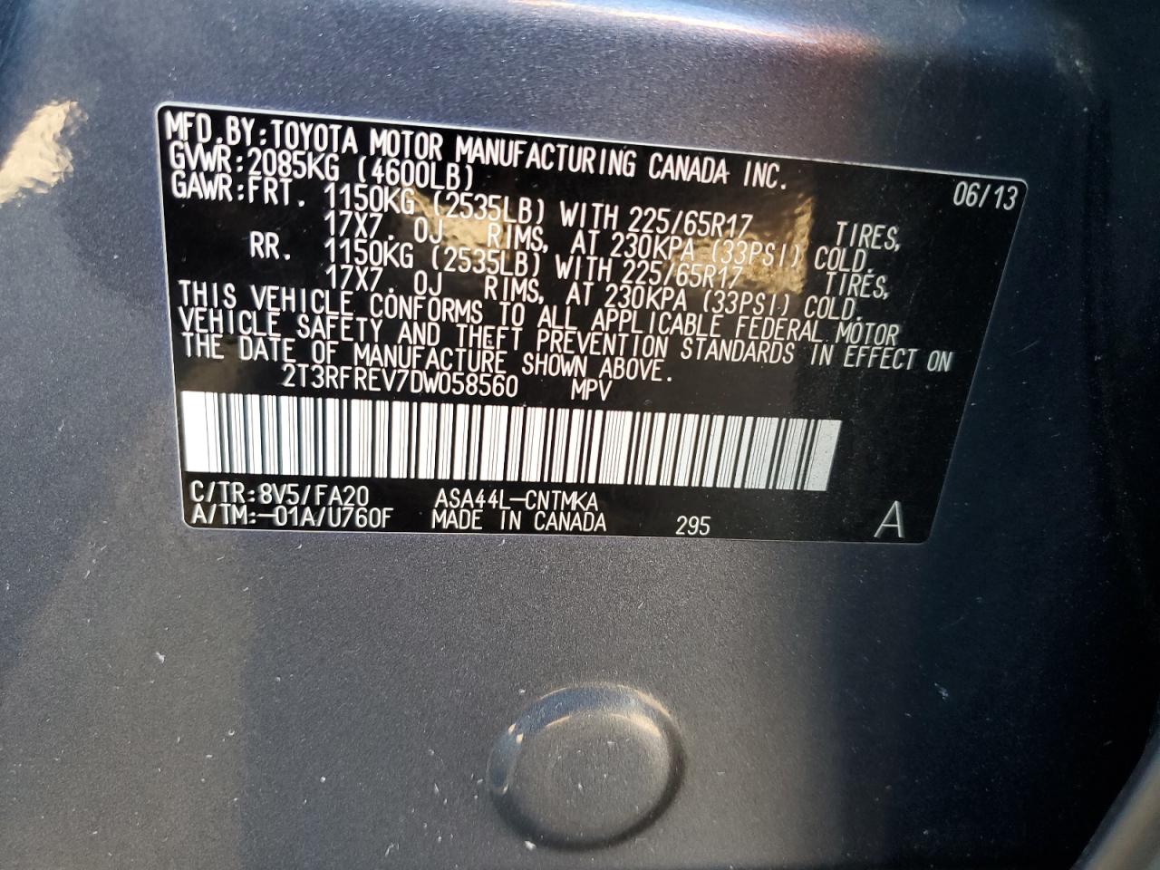 2013 Toyota Rav4 Xle VIN: 2T3RFREV7DW058560 Lot: 81913135