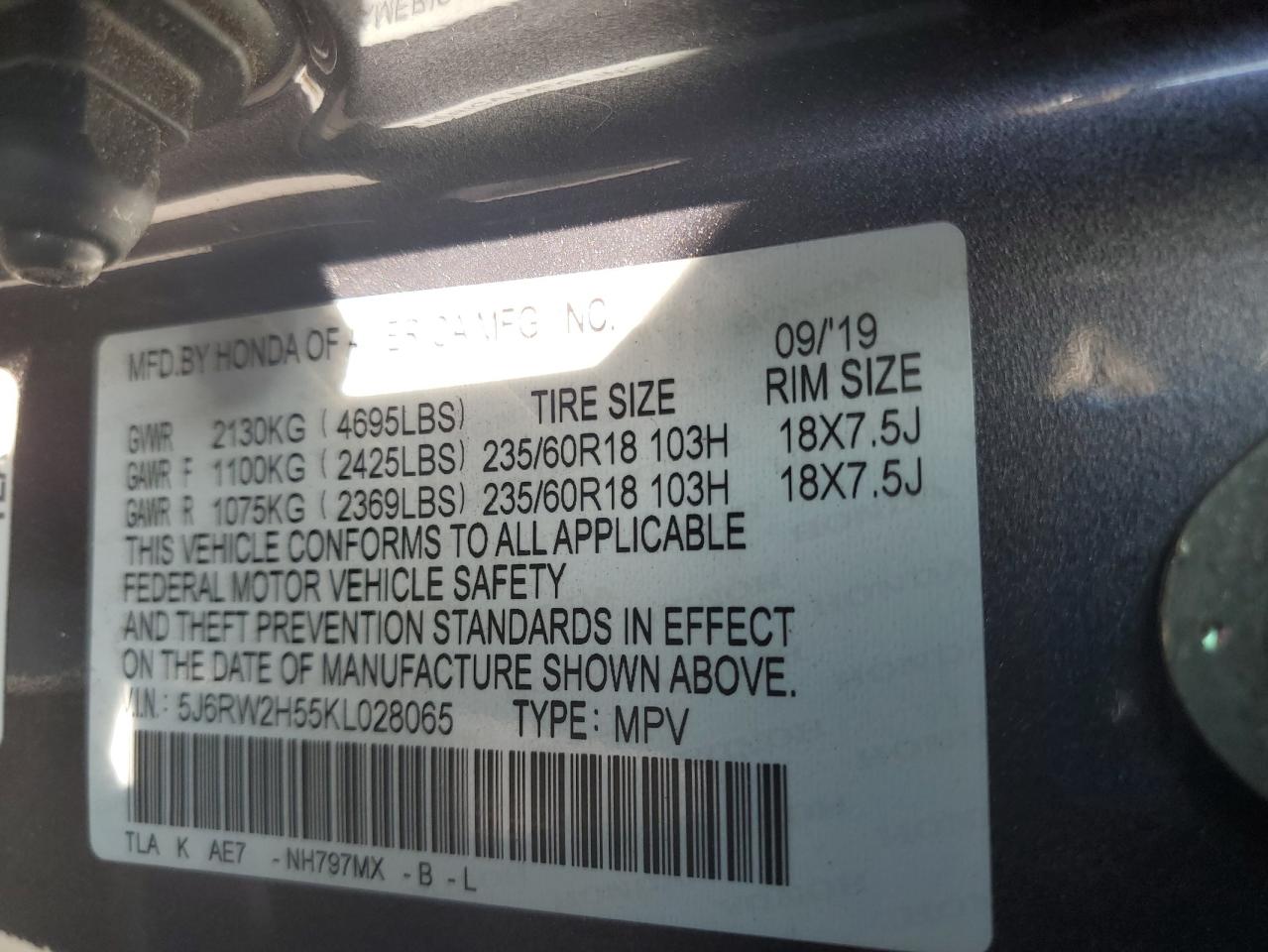 2019 Honda Cr-V Ex VIN: 5J6RW2H55KL028065 Lot: 85943655