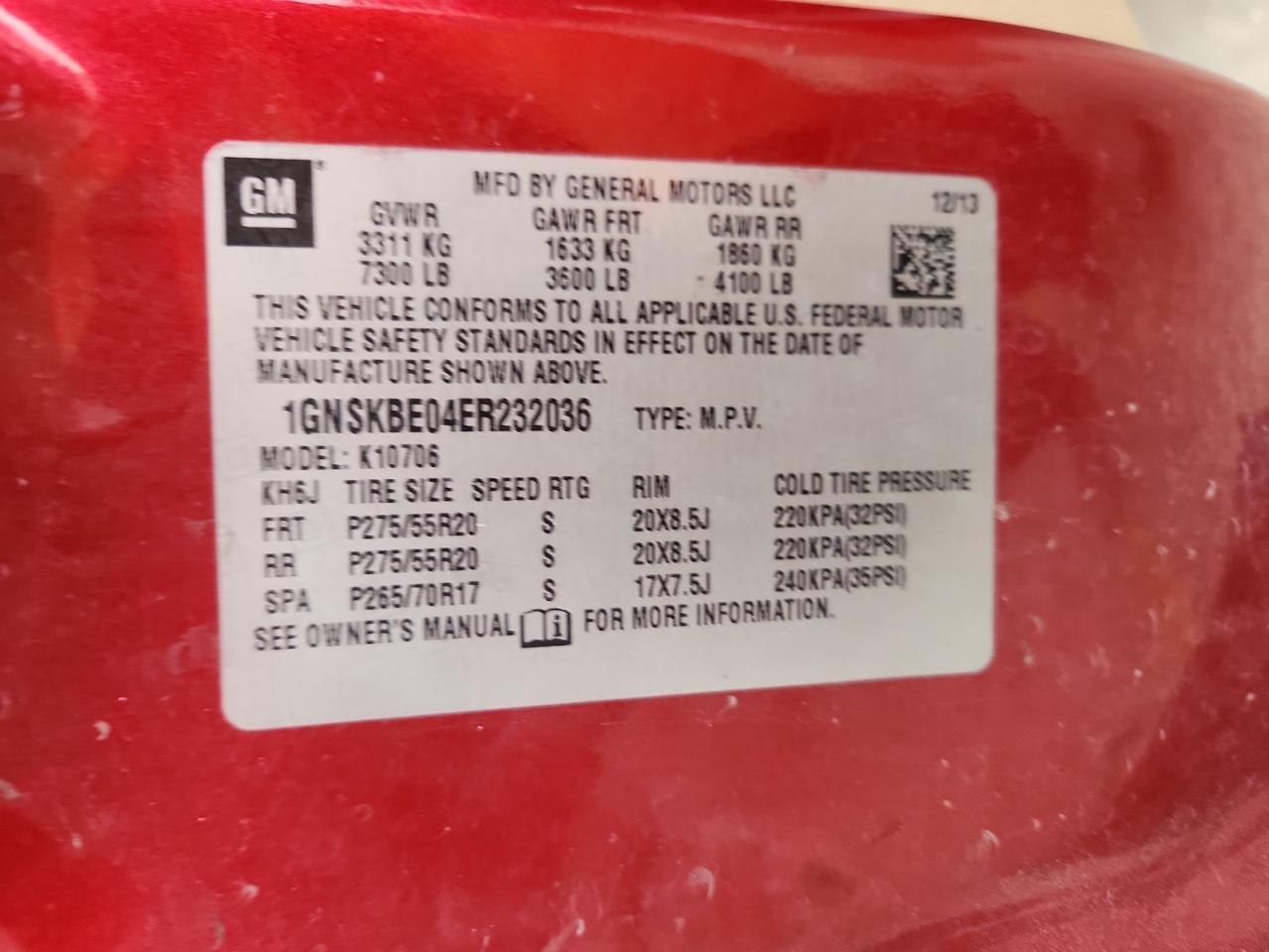 2014 Chevrolet Tahoe K1500 Lt VIN: 1GNSKBE04ER232036 Lot: 85083515