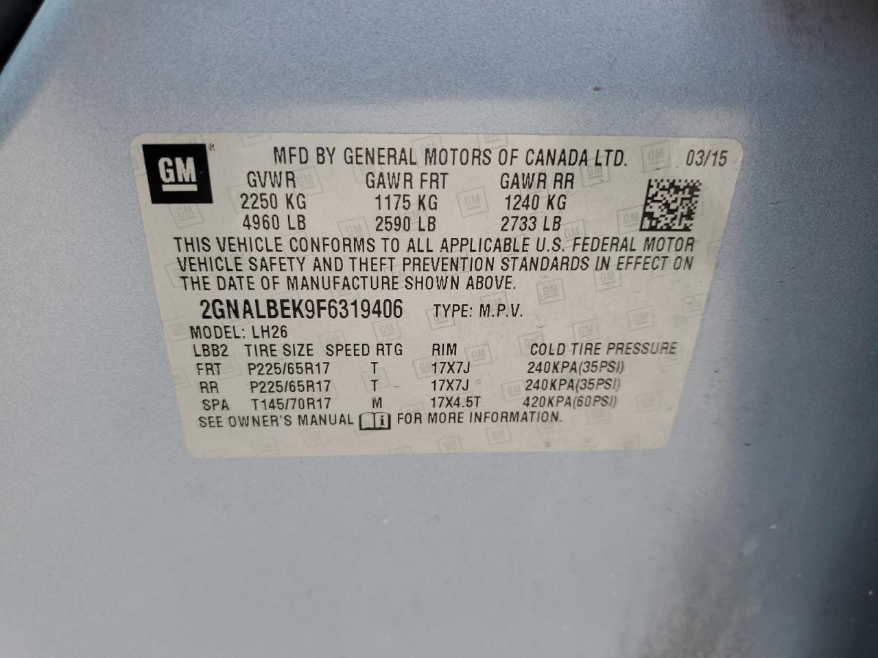 2015 Chevrolet Equinox Lt VIN: 2GNALBEK9F6319406 Lot: 81961875