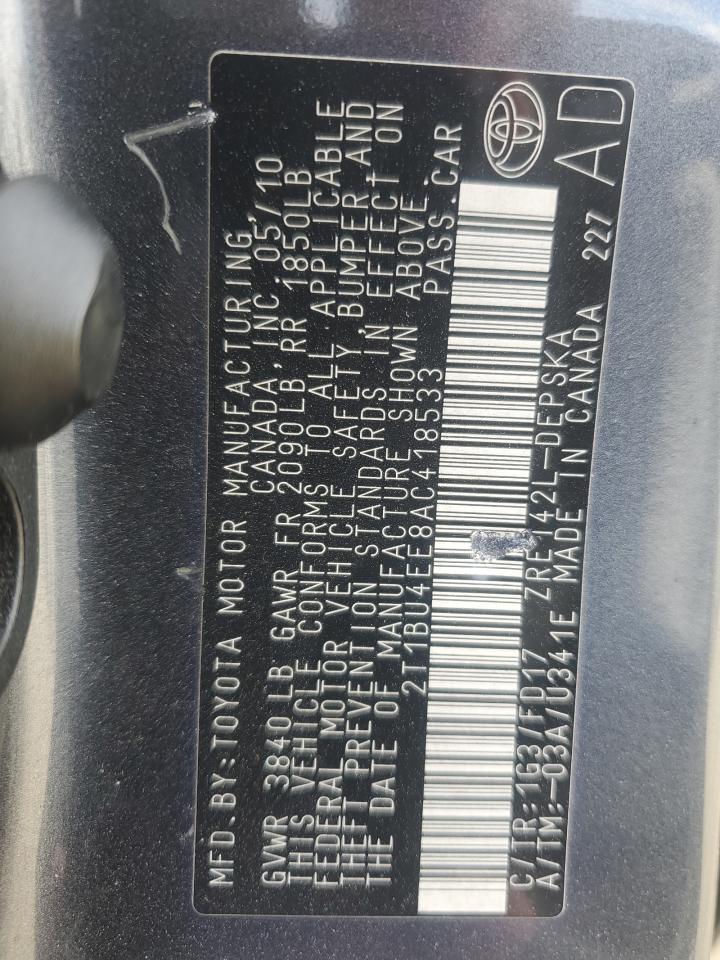 2010 Toyota Corolla Base VIN: 2T1BU4EE8AC418533 Lot: 82405255