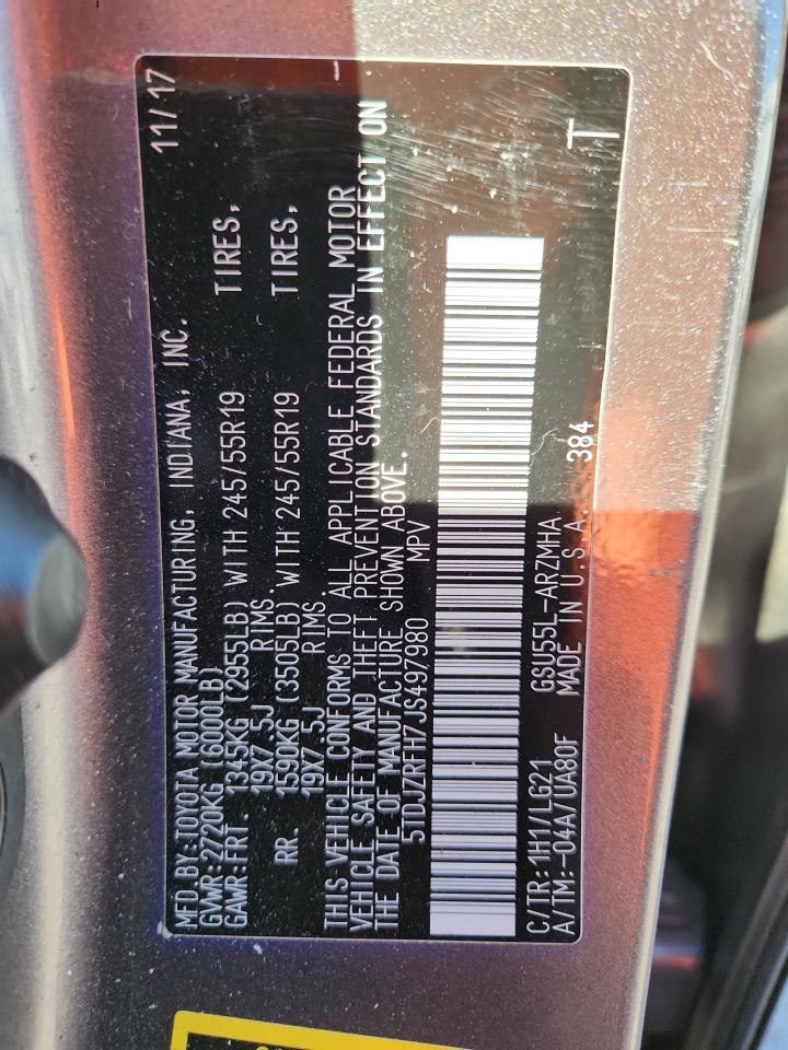 2018 Toyota Highlander Se VIN: 5TDJZRFH7JS497980 Lot: 84791835