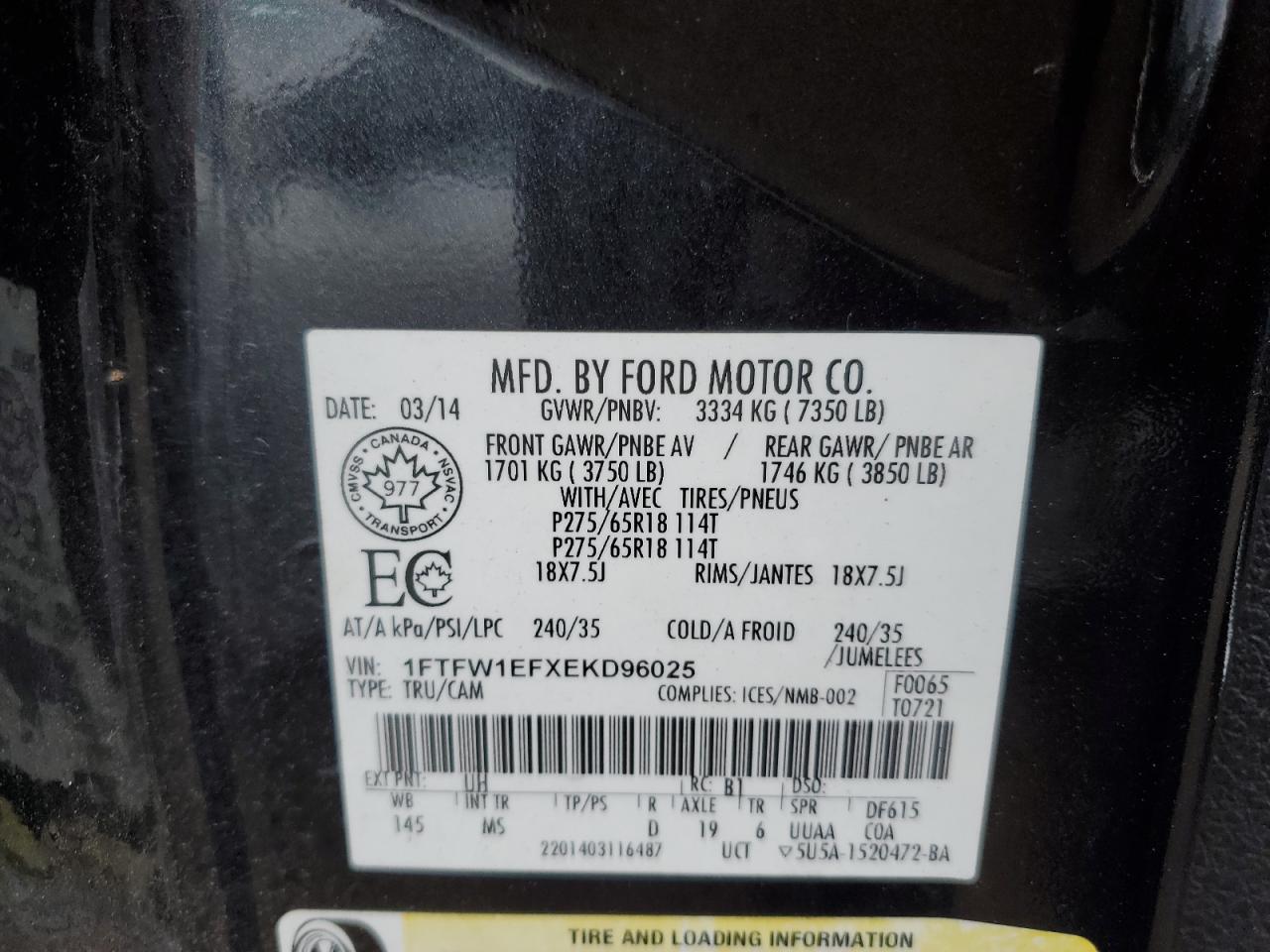 2014 Ford F150 Supercrew VIN: 1FTFW1EFXEKD96025 Lot: 89494695