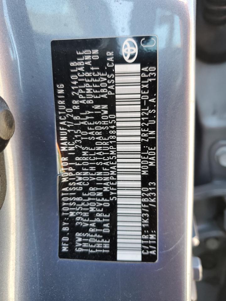 2021 Toyota Corolla Le VIN: 5YFEPMAE5MP188450 Lot: 84660065