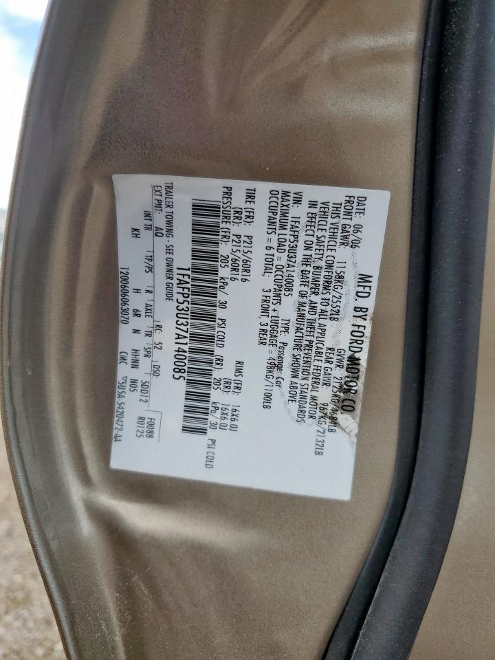 2007 Ford Taurus Se VIN: 1FAFP53U37A140085 Lot: 85536945