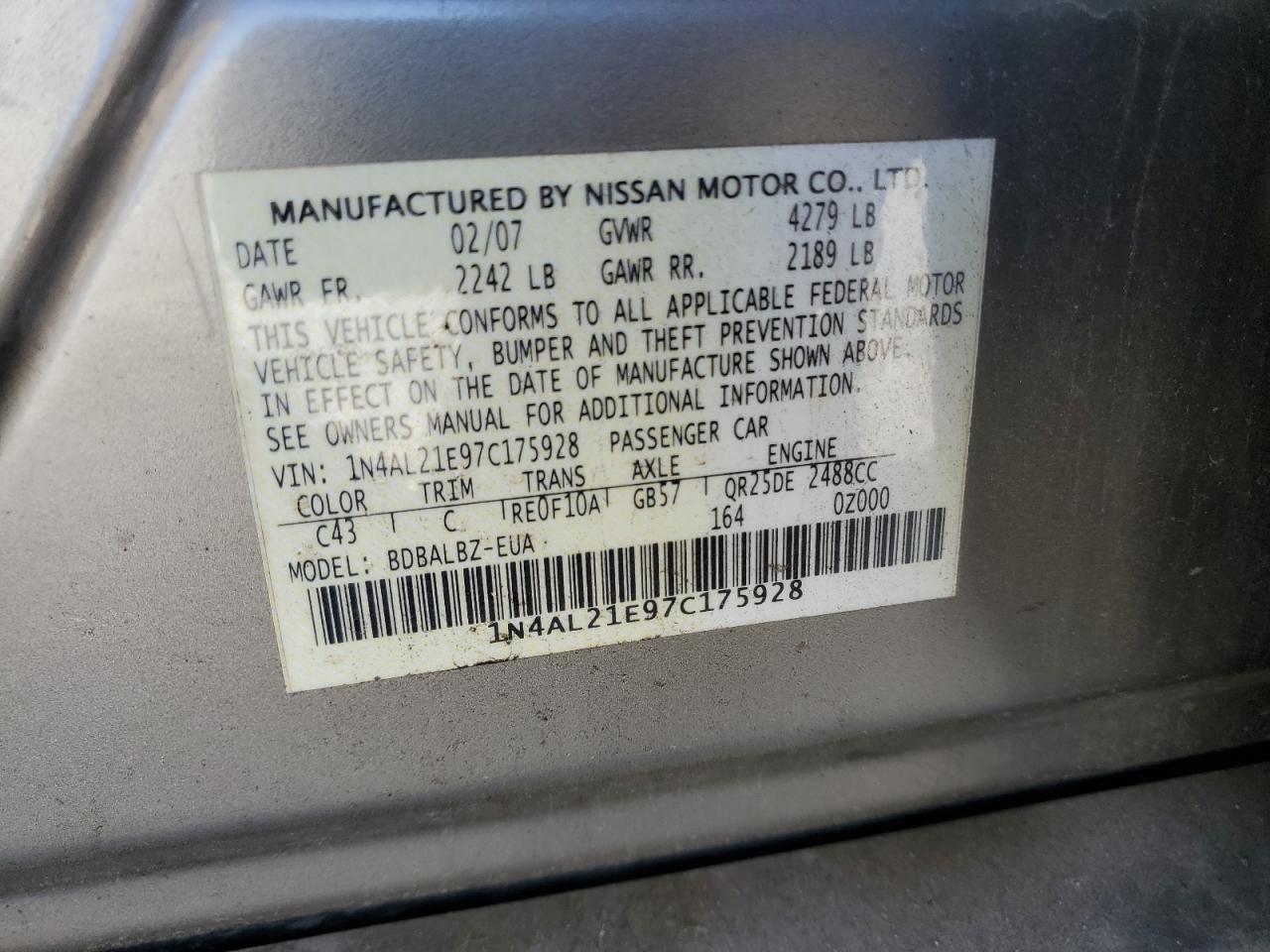 2007 Nissan Altima 2.5 VIN: 1N4AL21E97C175928 Lot: 82201235