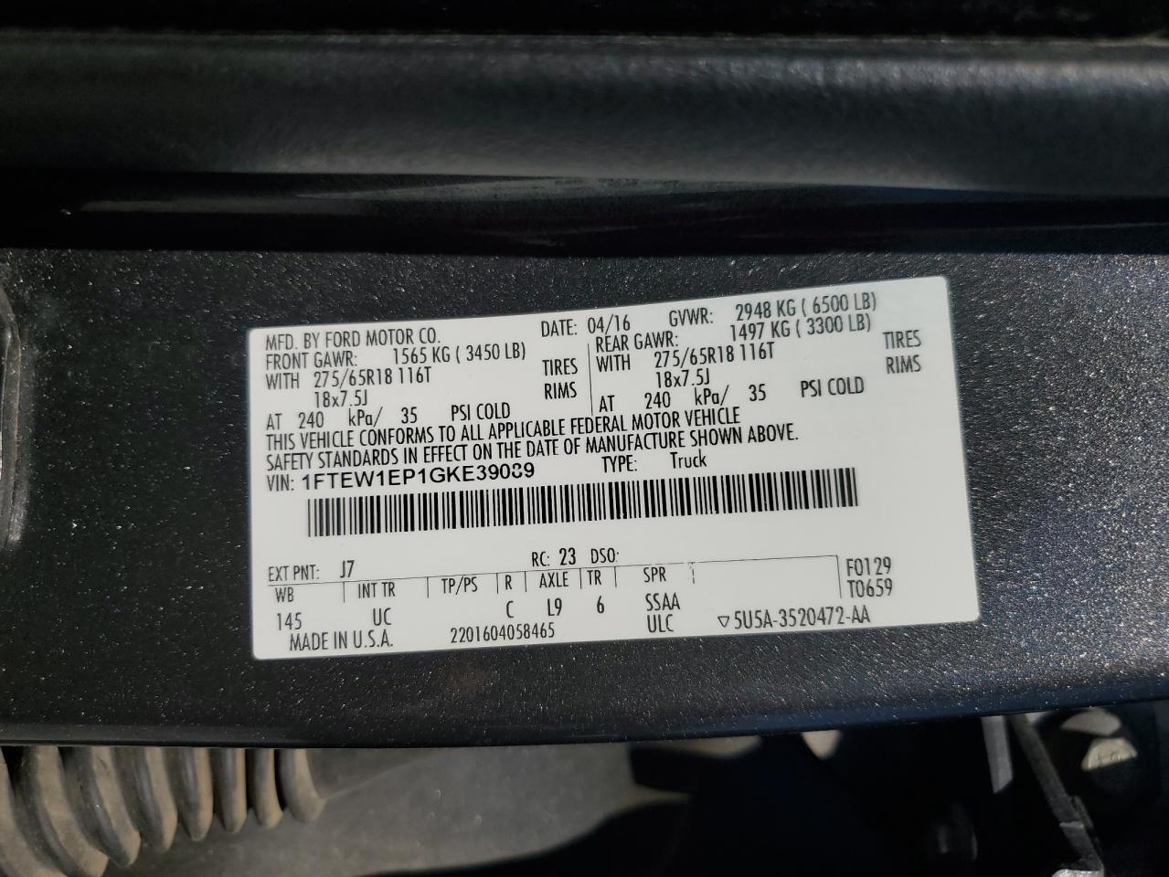 2016 Ford F150 Supercrew VIN: 1FTEW1EP1GKE39089 Lot: 86083835