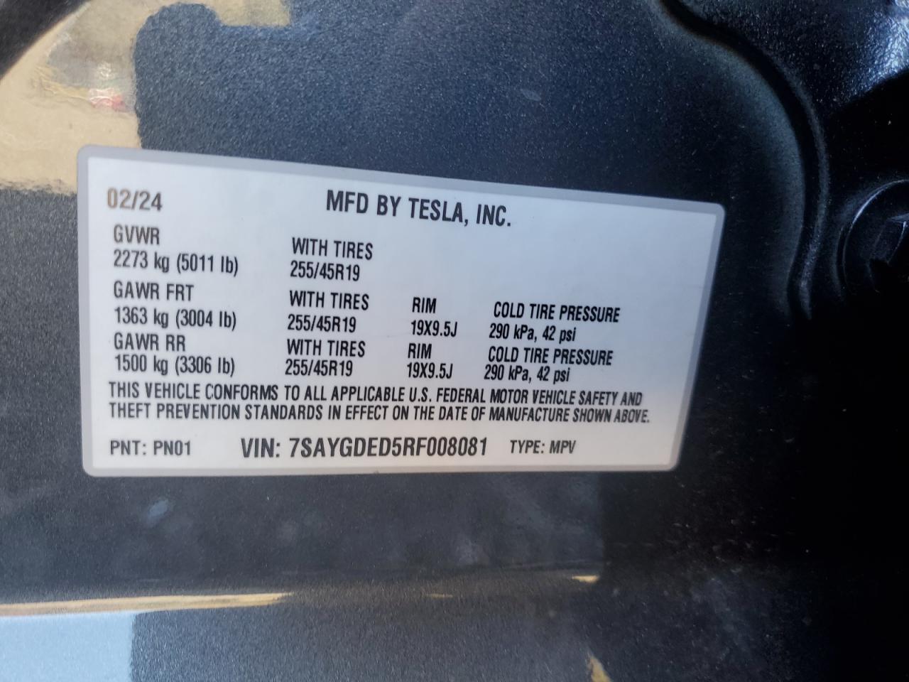 2024 Tesla Model Y VIN: 7SAYGDED5RF008081 Lot: 85262545