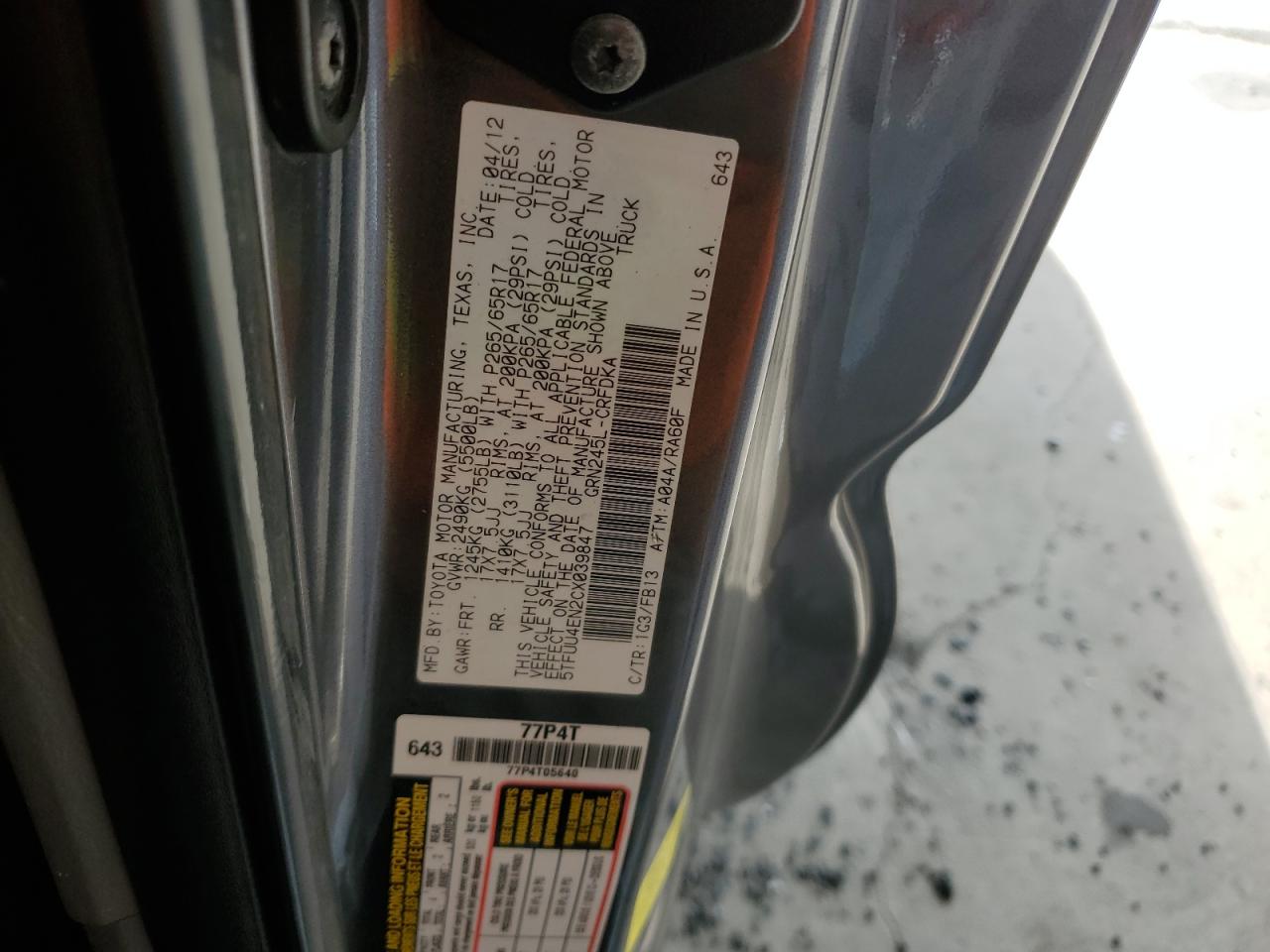 2012 Toyota Tacoma VIN: 5TFUU4EN2CX039847 Lot: 85324505