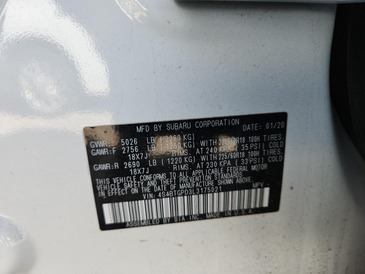 2020 Subaru Outback Touring Ldl VIN: 4S4BTGPD3L3175021 Lot: 84466675