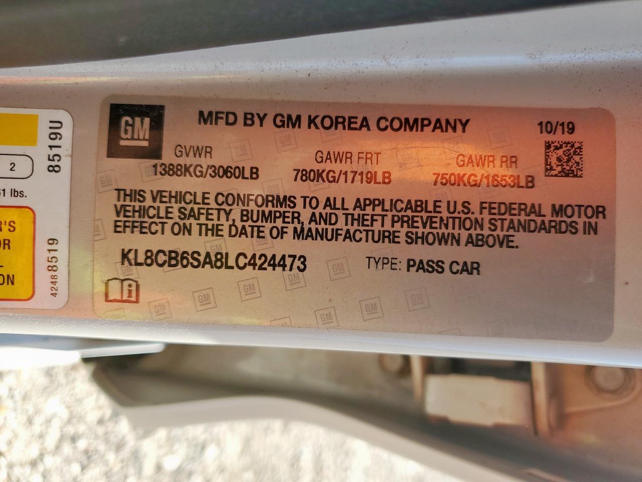 2020 Chevrolet Spark Ls VIN: KL8CB6SA8LC424473 Lot: 90691565