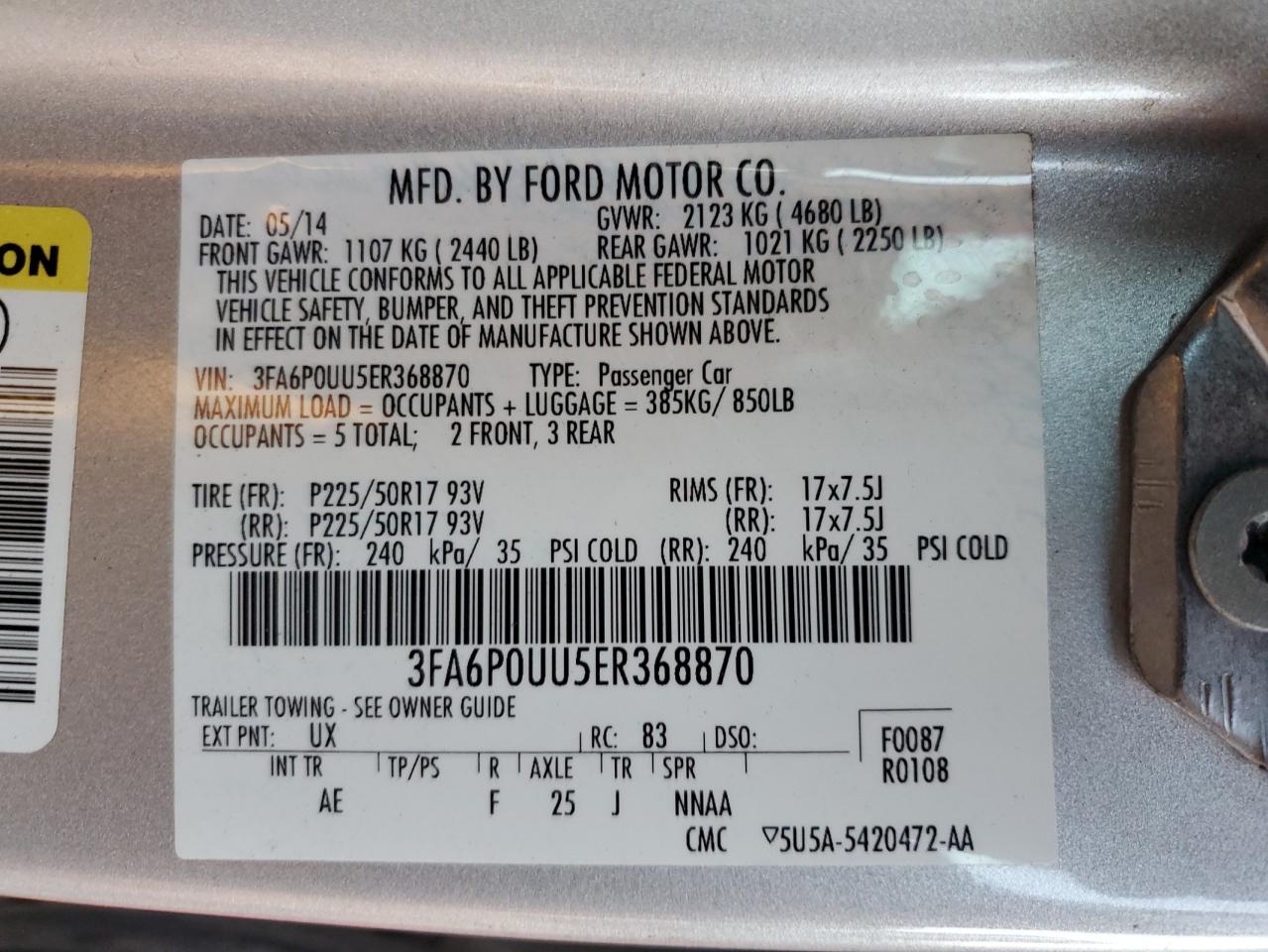 2014 Ford Fusion S Hybrid VIN: 3FA6P0UU5ER368870 Lot: 87208945