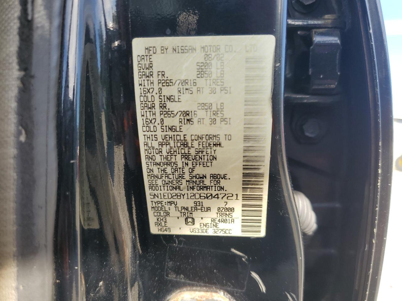 2002 Nissan Xterra Xe VIN: 5N1ED28Y12C604721 Lot: 82032955