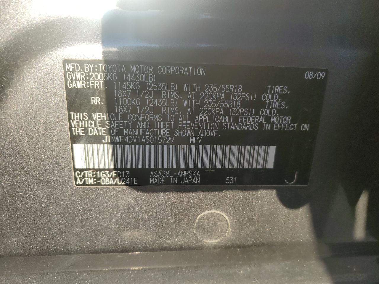 2010 Toyota Rav4 Sport VIN: JTMWF4DV1A5015729 Lot: 89552565