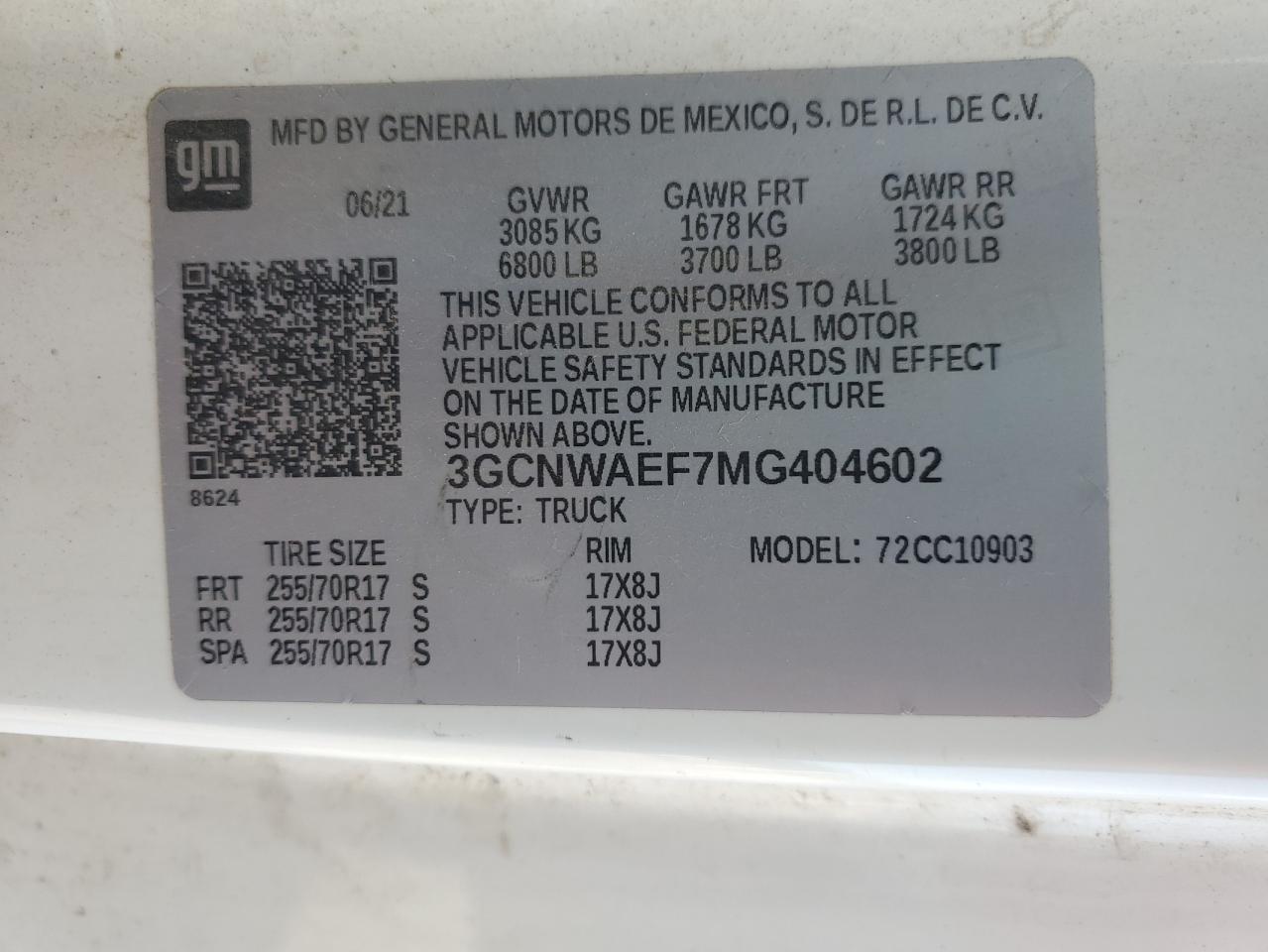 2021 Chevrolet Silverado C1500 VIN: 3GCNWAEF7MG404602 Lot: 86148845