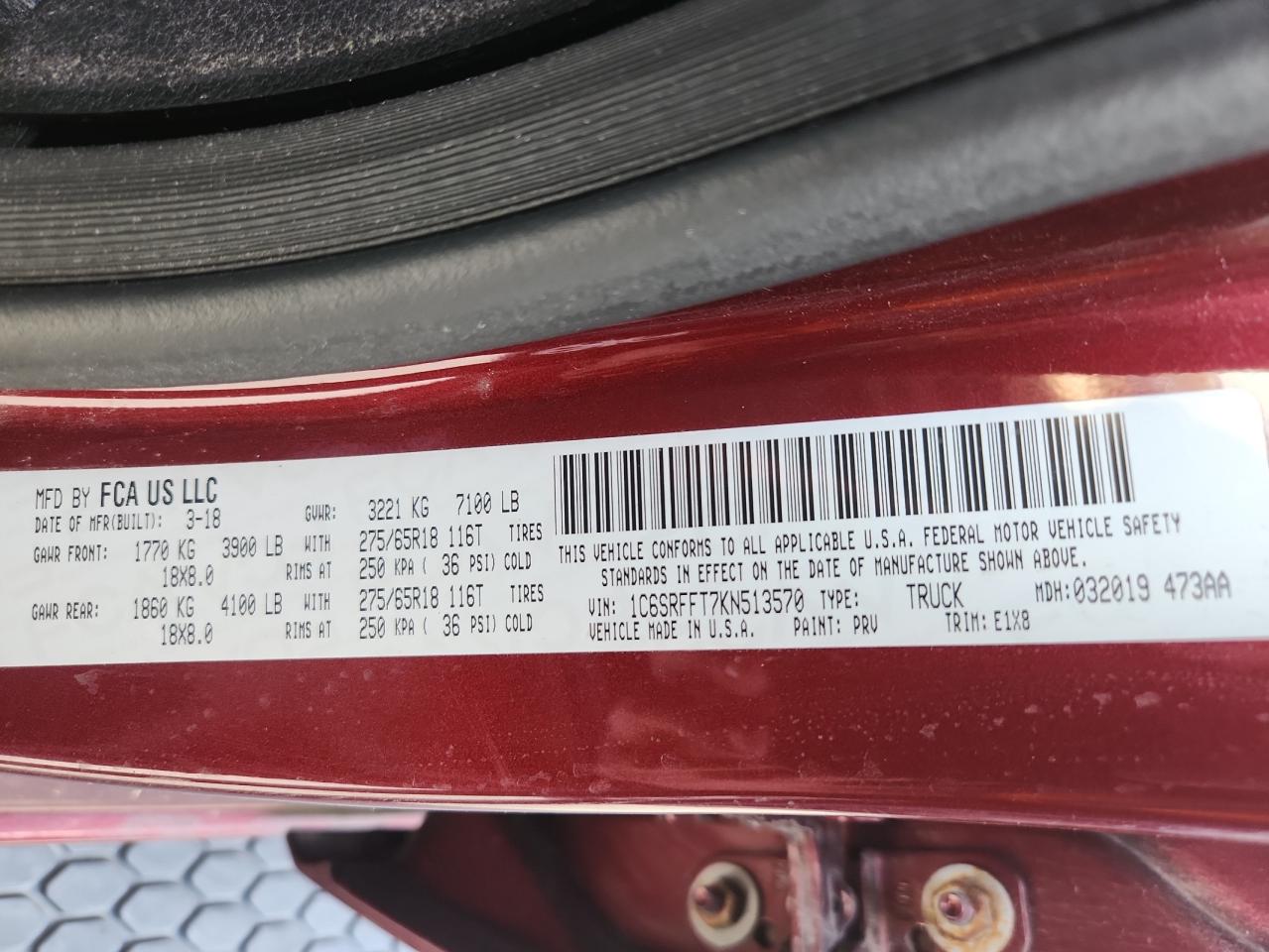 2019 Ram 1500 Big Horn/Lone Star VIN: 1C6SRFFT7KN513570 Lot: 89725285