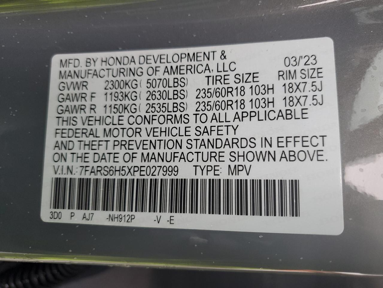 2023 Honda Cr-V Sport VIN: 7FARS6H5XPE027999 Lot: 86129225