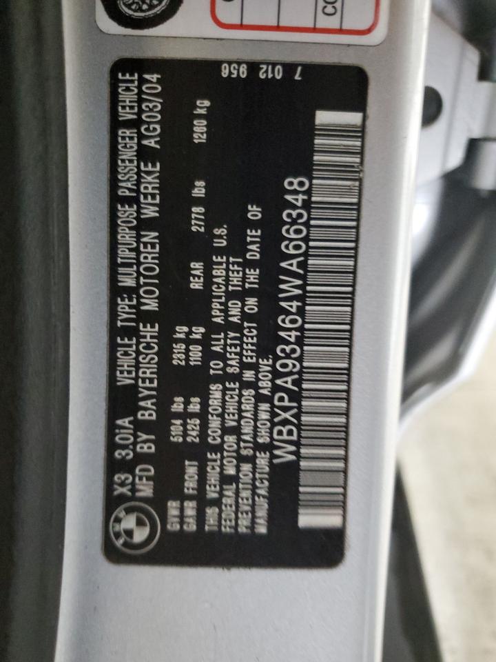 2004 BMW X3 3.0I VIN: WBXPA93464WA66348 Lot: 85326305