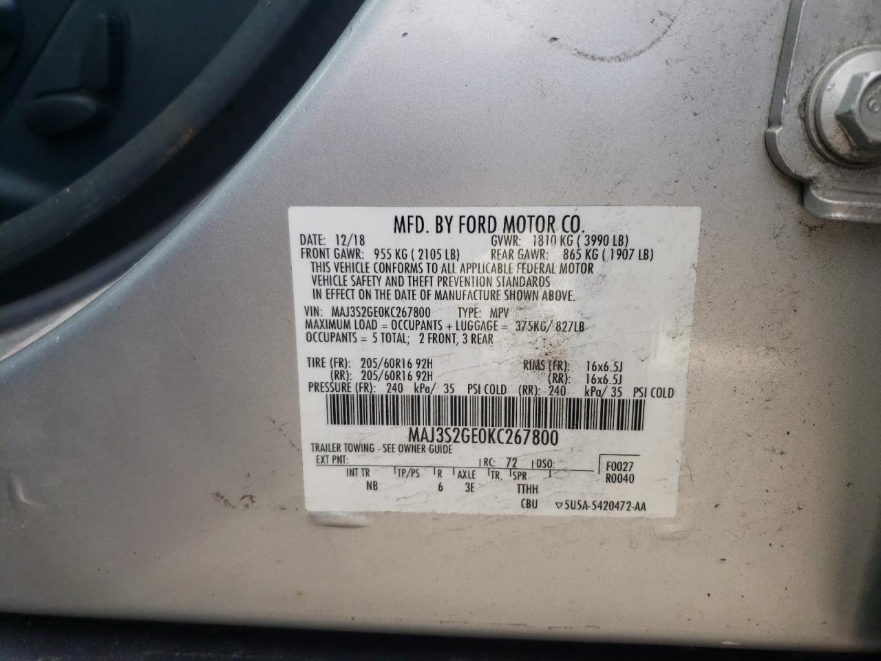 2019 Ford Ecosport Se VIN: MAJ3S2GE0KC267800 Lot: 86797265