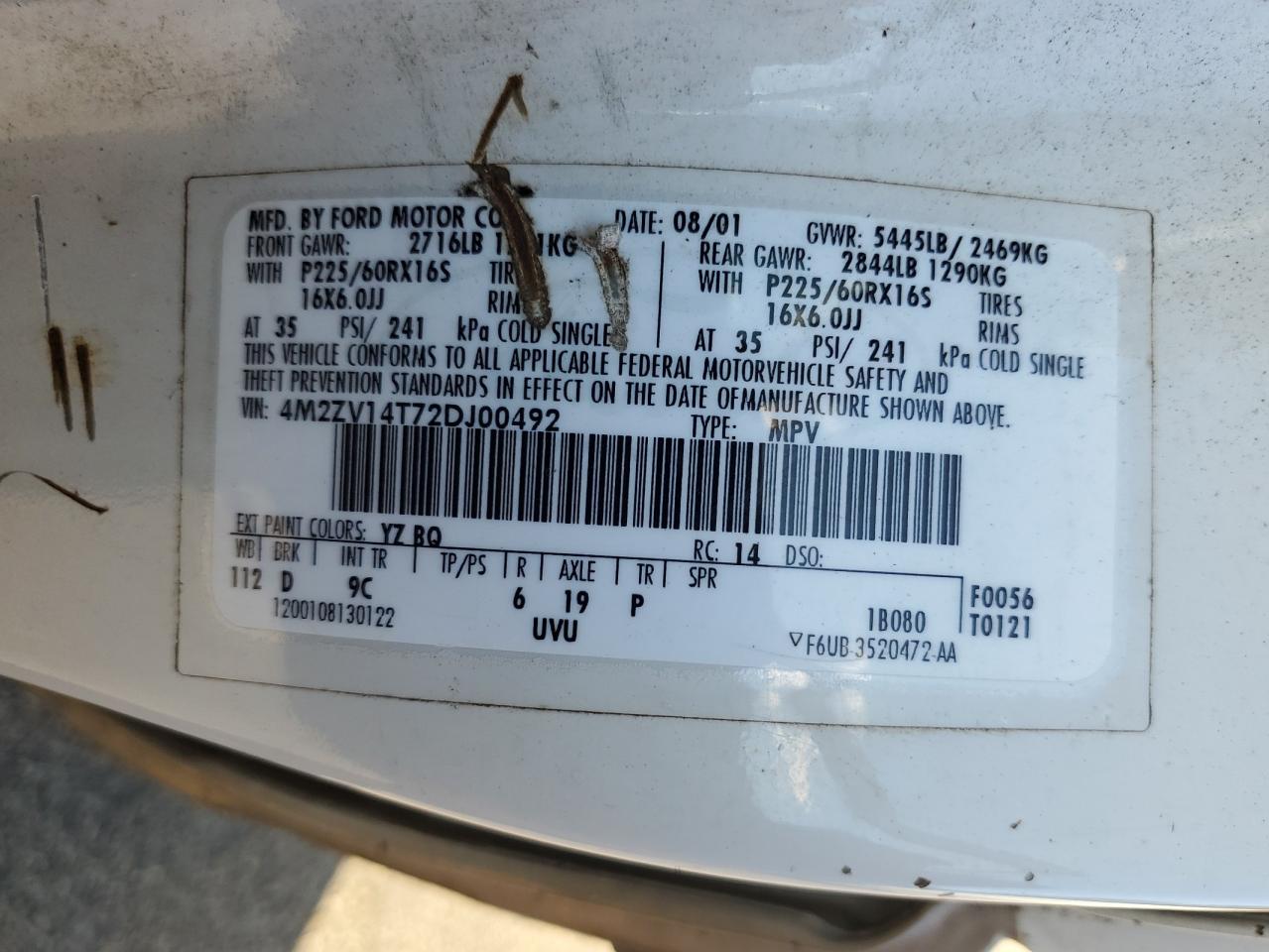 2002 Mercury Villager Estate VIN: 4M2ZV14T72DJ00492 Lot: 82630465