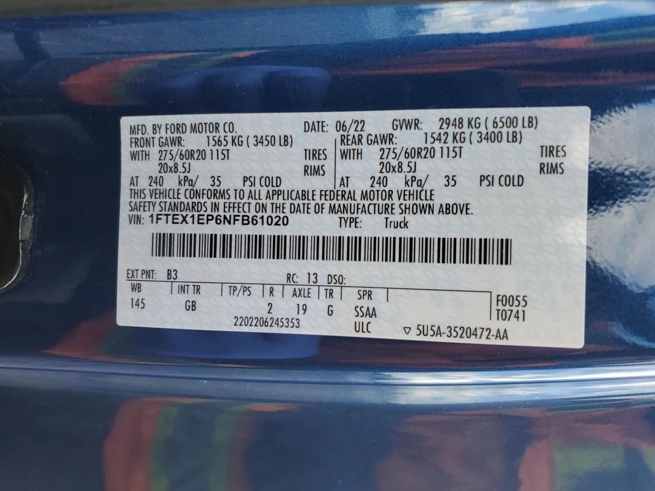 2022 Ford F150 Super Cab VIN: 1FTEX1EP6NFB61020 Lot: 90356705