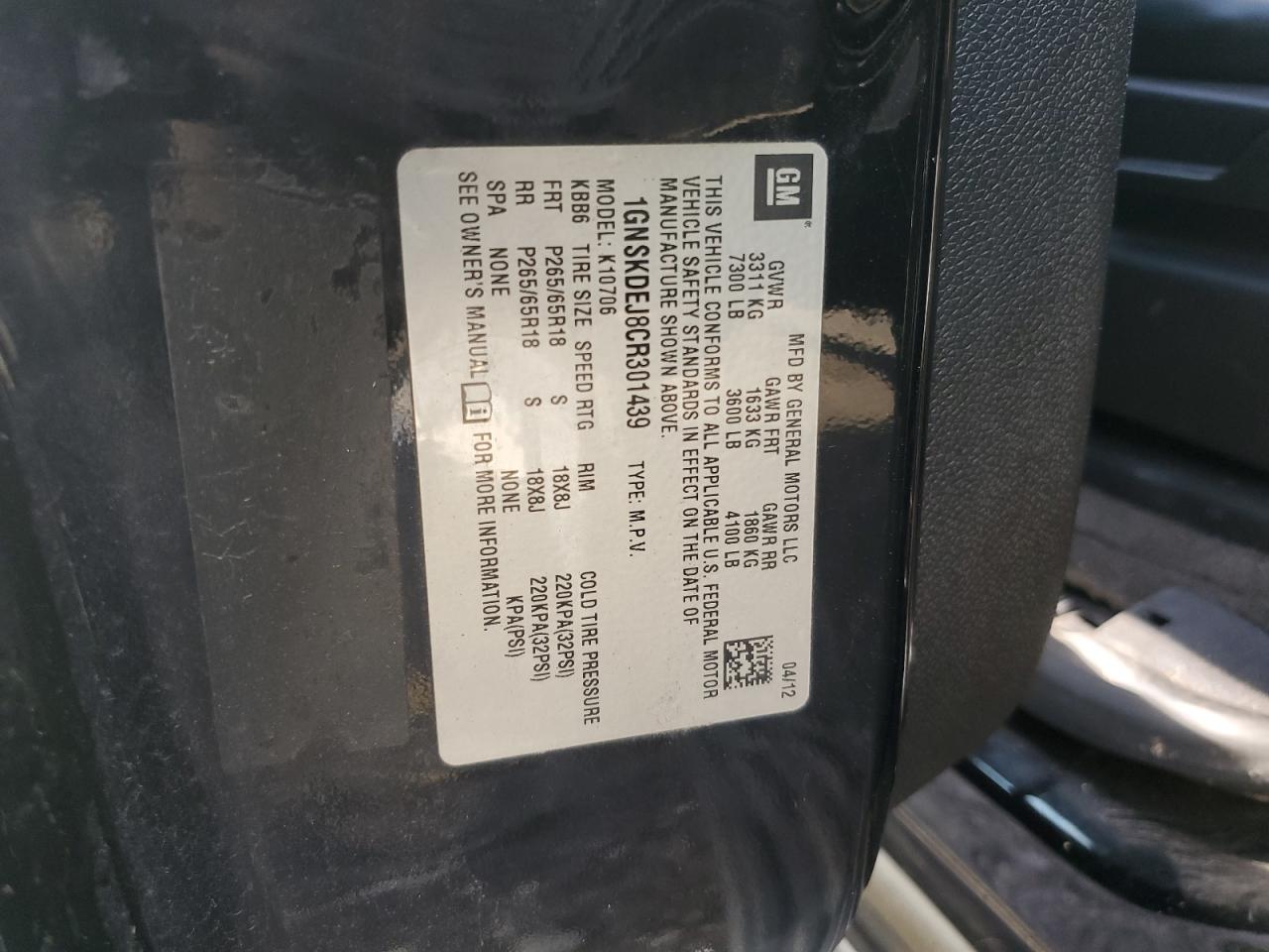 2012 Chevrolet Tahoe Hybrid VIN: 1GNSKDEJ8CR301439 Lot: 85297705