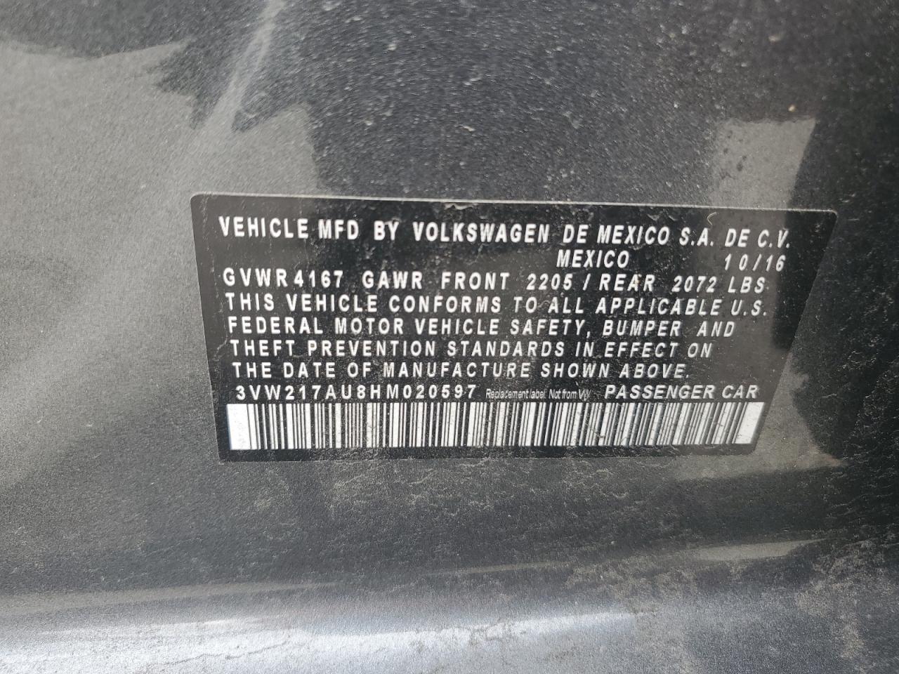 2017 Volkswagen Golf S VIN: 3VW217AU8HM020597 Lot: 89572845