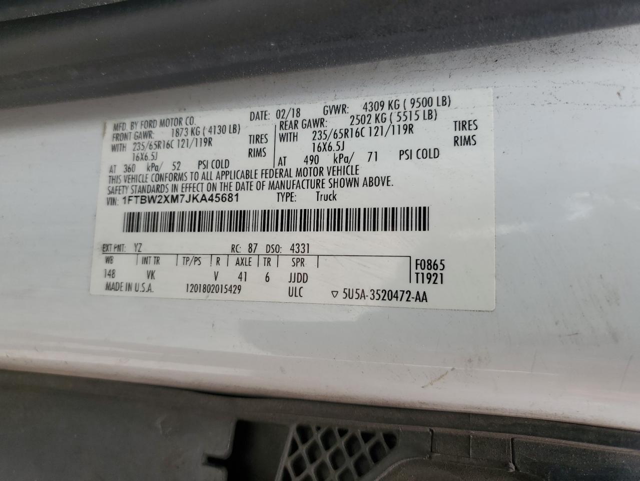 2018 Ford Transit T-350 VIN: 1FTBW2XM7JKA45681 Lot: 85098385